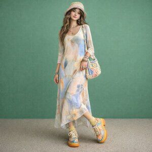 Linda Lundstrom Maxi Dress Small Tan Blue Floral Neutral Whimsical Artsy Fairy